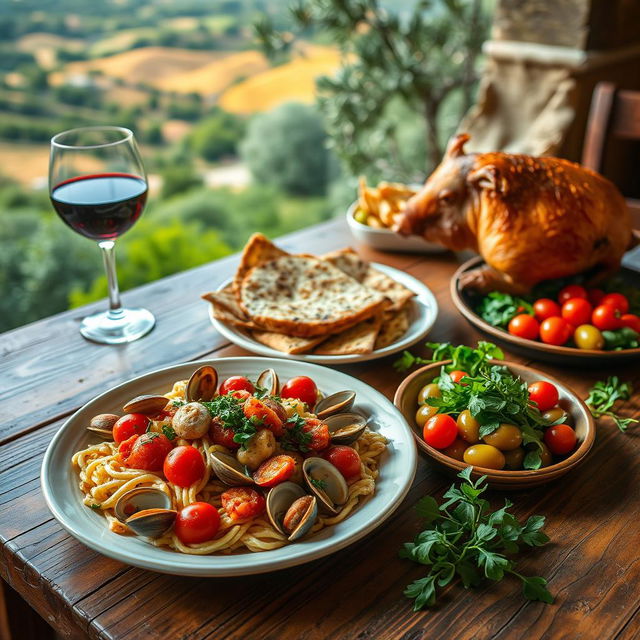 A vibrant display of traditional Sardinian cuisine on a rustic wooden table