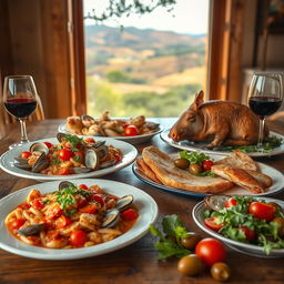 A vibrant display of traditional Sardinian cuisine on a rustic wooden table
