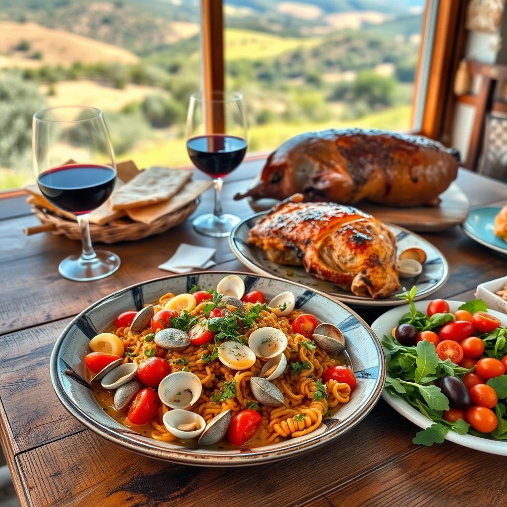 A vibrant display of traditional Sardinian cuisine on a rustic wooden table