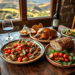 A vibrant display of traditional Sardinian cuisine on a rustic wooden table
