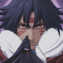Uchiha Sasuke, in the disturbed cityscape, activates his Rinnegan, a complex eye pattern giving him an even more formidable appearance, ready to stand against the nine-tailed fox.