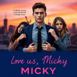 Cover image for a book titled 'Love Us, Micky', featuring a central figure named Micky, a young tall handsome college student