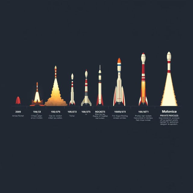 A captivating timeline illustrating the evolution of rockets, starting from the 2000-year-old Chinese arrow rocket, showcasing its ancient design and historical significance