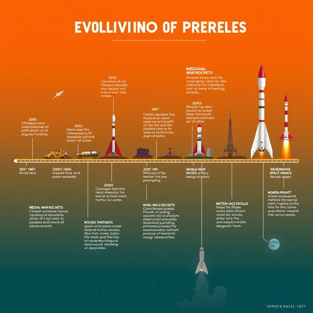 A captivating timeline illustrating the evolution of rockets, starting from the 2000-year-old Chinese arrow rocket, showcasing its ancient design and historical significance