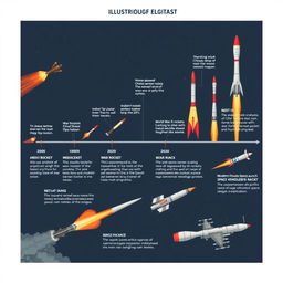 A captivating timeline illustrating the evolution of rockets, starting from the 2000-year-old Chinese arrow rocket, showcasing its ancient design and historical significance