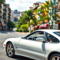 A pristine white 1995 Nissan 200SX SE parked in a picturesque street setting
