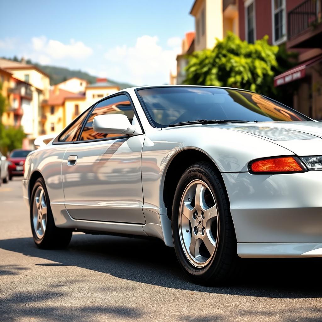 A pristine white 1995 Nissan 200SX SE parked in a picturesque street setting