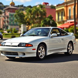 A pristine white 1995 Nissan 200SX SE parked in a picturesque street setting