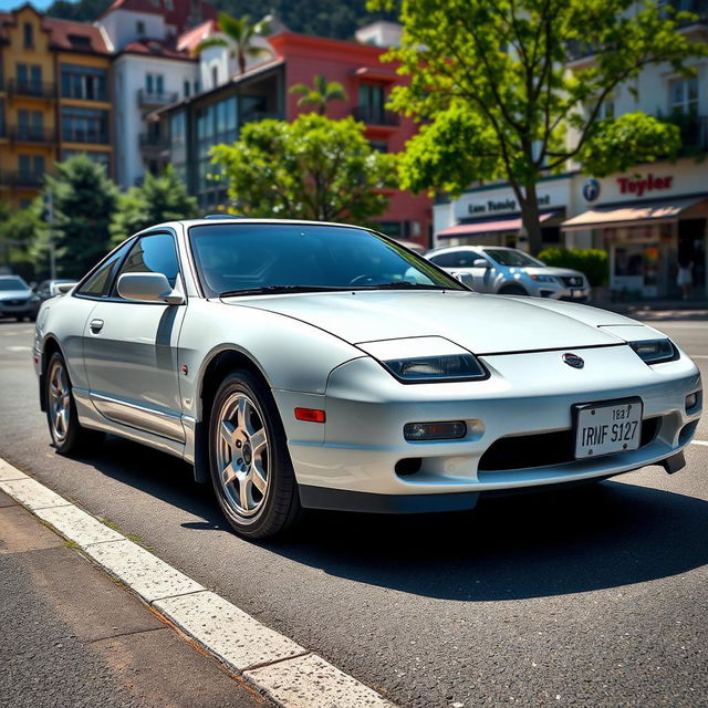 A pristine white 1995 Nissan 200SX SE parked in a picturesque street setting