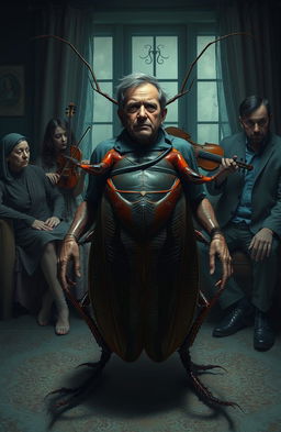 A man caught mid-transformation into a large, surreal cockroach, his body morphing with features of both human and insect, showcasing detailed textures and colors