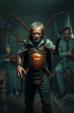 A man caught mid-transformation into a large, surreal cockroach, his body morphing with features of both human and insect, showcasing detailed textures and colors