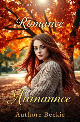 A captivating book cover for a Romance novel featuring a stunning woman with flowing auburn hair, wearing a cozy, knitted sweater