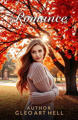 A captivating book cover for a Romance novel featuring a stunning woman with flowing auburn hair, wearing a cozy, knitted sweater