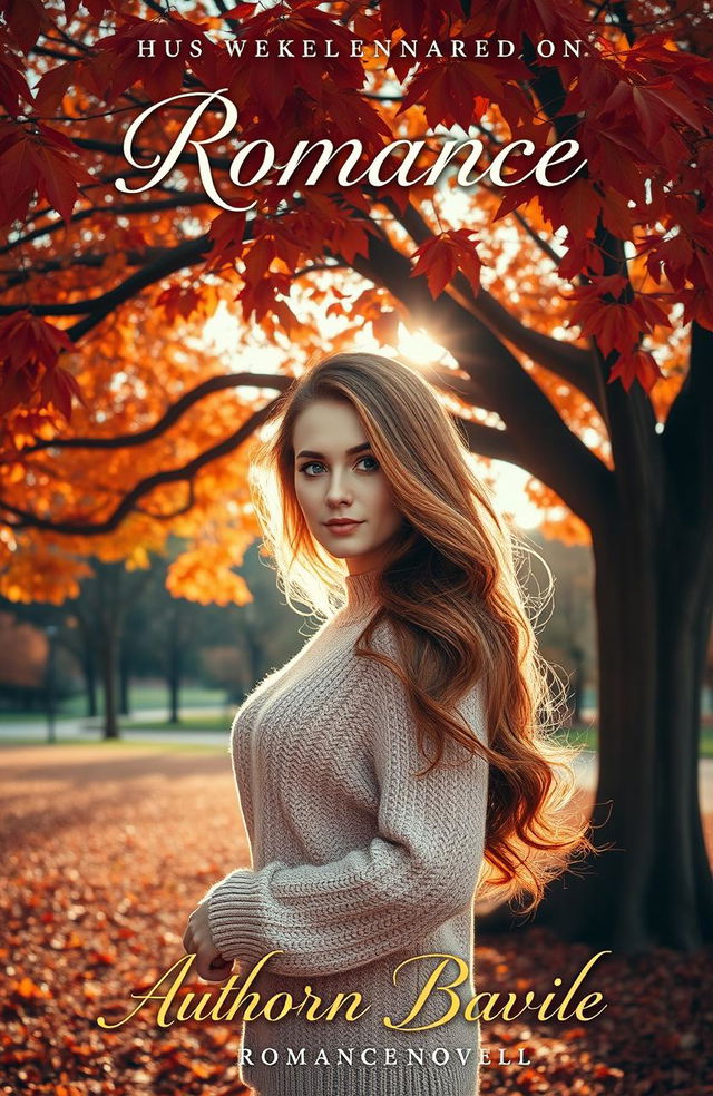 A captivating book cover for a Romance novel featuring a stunning woman with flowing auburn hair, wearing a cozy, knitted sweater