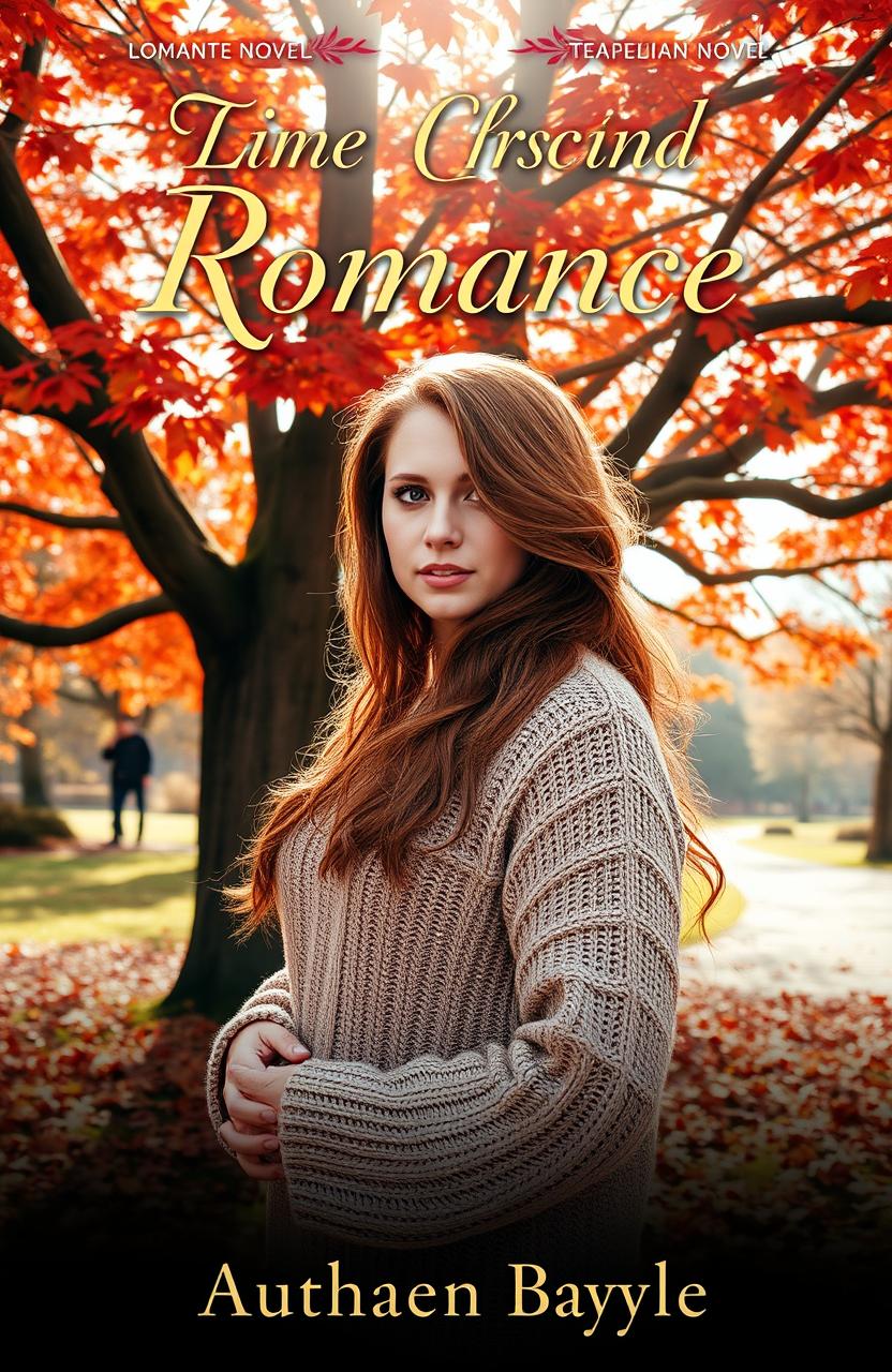 A captivating book cover for a Romance novel featuring a stunning woman with flowing auburn hair, wearing a cozy, knitted sweater