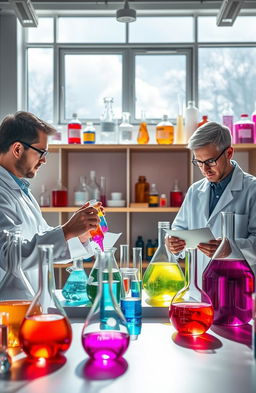 A visually stunning representation of a chemistry lab filled with colorful chemical reactions taking place in various glass flasks
