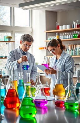 A visually stunning representation of a chemistry lab filled with colorful chemical reactions taking place in various glass flasks