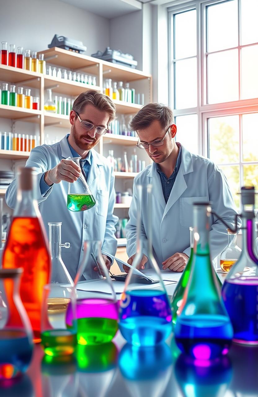 A visually stunning representation of a chemistry lab filled with colorful chemical reactions taking place in various glass flasks