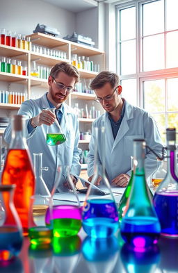 A visually stunning representation of a chemistry lab filled with colorful chemical reactions taking place in various glass flasks