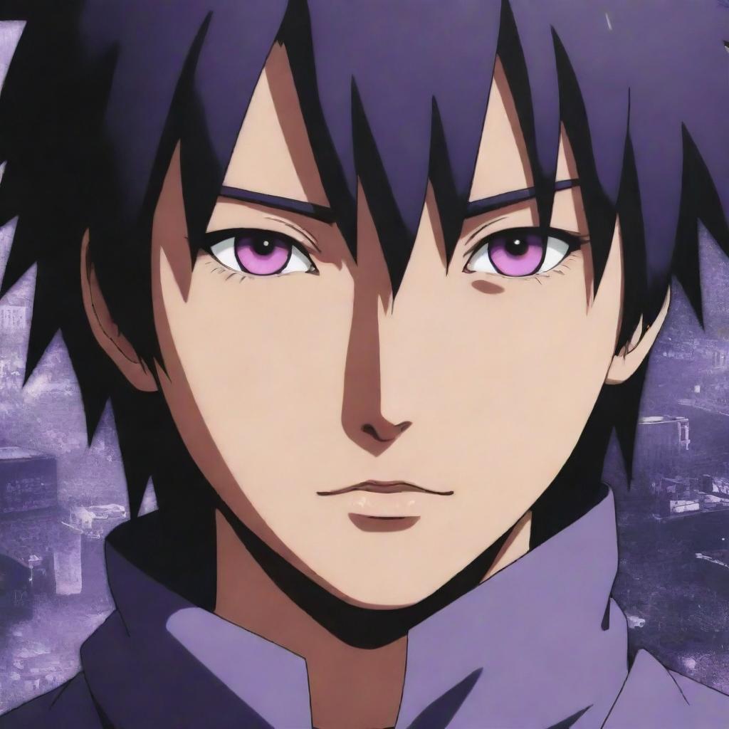 Uchiha Sasuke's Rinnegan eyes become a vivid shade of purple, intensifying the stark contrast against the chaos in the cityscape, and giving him an otherworldly and powerful aura.