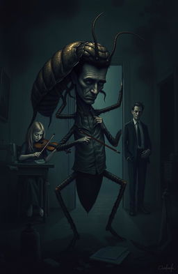 A surreal and darkly whimsical depiction of a man named Gregor transformed into a large cockroach, conveying a sense of despair and isolation