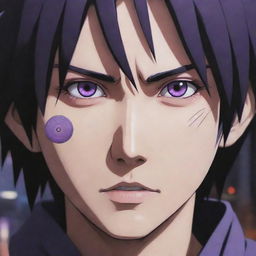 Uchiha Sasuke's Rinnegan eyes become a vivid shade of purple, intensifying the stark contrast against the chaos in the cityscape, and giving him an otherworldly and powerful aura.