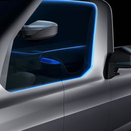 Front passenger's side mirror of a state-of-the-art, futuristic van, integrating cutting-edge design and technology.