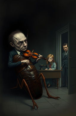 A surreal and darkly whimsical depiction of a man named Gregor transformed into a large cockroach, conveying a sense of despair and isolation