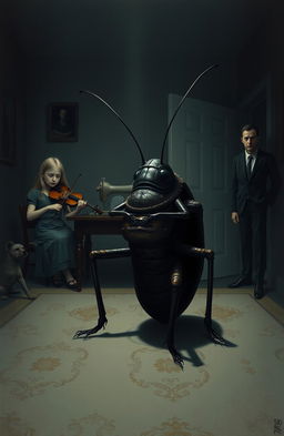A surreal and darkly whimsical depiction of a man named Gregor transformed into a large cockroach, conveying a sense of despair and isolation