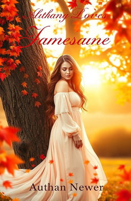 A romantic book cover featuring a beautiful woman with long, flowing hair, gently leaning against a majestic autumn tree