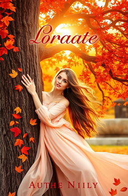 A romantic book cover featuring a beautiful woman with long, flowing hair, gently leaning against a majestic autumn tree