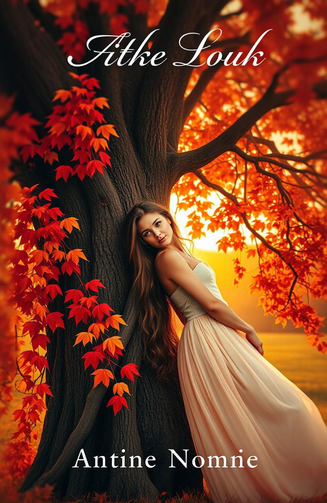 A romantic book cover featuring a beautiful woman with long, flowing hair, gently leaning against a majestic autumn tree