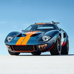 A newly imagined car built on the chassis of a Ford GT40, showcasing the dynamic and aggressive front bumper inspired by the Lancia Stratos