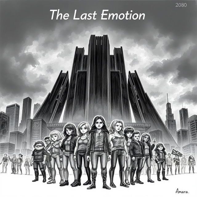 A professional hand-drawn illustration for a dystopian novel titled 'The Last Emotion'