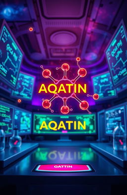 A visually striking scientific illustration of a chemical compound called AQATIN, featuring its molecular structure represented with vibrant colors