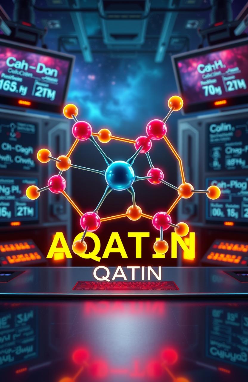 A visually striking scientific illustration of a chemical compound called AQATIN, featuring its molecular structure represented with vibrant colors