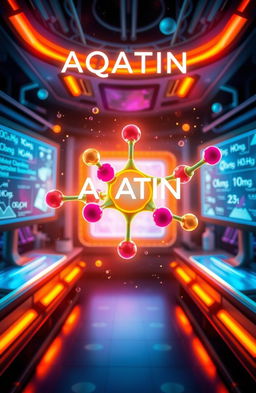 A visually striking scientific illustration of a chemical compound called AQATIN, featuring its molecular structure represented with vibrant colors