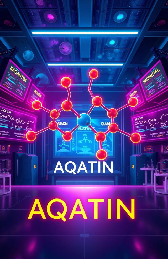 A visually striking scientific illustration of a chemical compound called AQATIN, featuring its molecular structure represented with vibrant colors