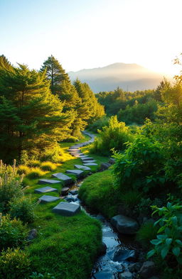A serene and calming landscape depicting a healing path winding through a lush forest, representing holistic approaches to functional neurological disorder