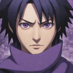 Uchiha Sasuke's Rinnegan eyes become a vivid shade of purple, intensifying the stark contrast against the chaos in the cityscape, and giving him an otherworldly and powerful aura.