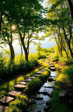 A serene and calming landscape depicting a healing path winding through a lush forest, representing holistic approaches to functional neurological disorder
