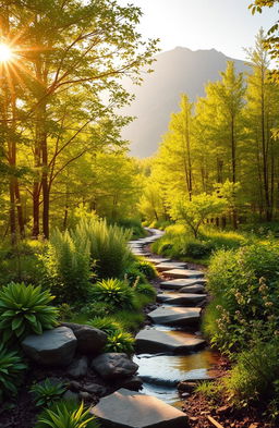 A serene and calming landscape depicting a healing path winding through a lush forest, representing holistic approaches to functional neurological disorder