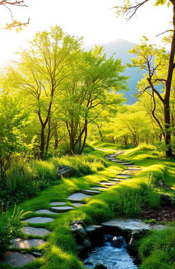 A serene and calming landscape depicting a healing path winding through a lush forest, representing holistic approaches to functional neurological disorder