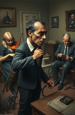 A surreal scene depicting a man transforming into a cockroach, expressing emotions of betrayal and despair