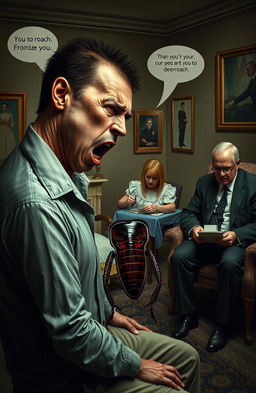 A surreal scene depicting a man transforming into a cockroach, expressing emotions of betrayal and despair