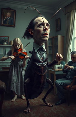 A surreal scene depicting a man transforming into a cockroach, expressing emotions of betrayal and despair