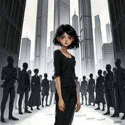 A hand-drawn dystopian scene set in the year 2080, depicting a city where humanity has evolved through genetic engineering to suppress emotions