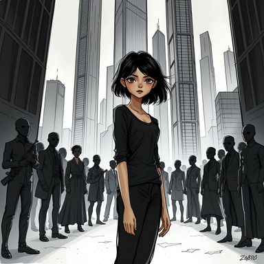 A hand-drawn dystopian scene set in the year 2080, depicting a city where humanity has evolved through genetic engineering to suppress emotions