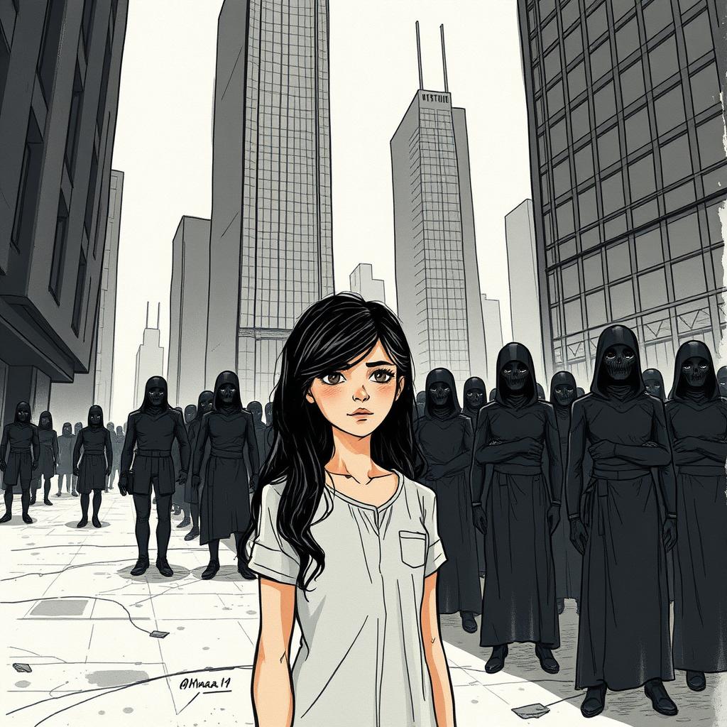 A hand-drawn dystopian scene set in the year 2080, depicting a city where humanity has evolved through genetic engineering to suppress emotions