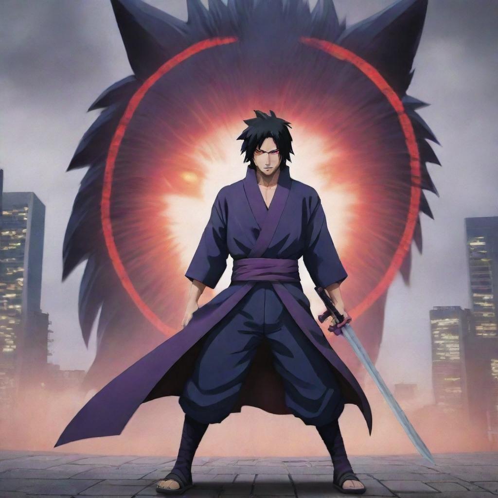 In the midst of the chaotic cityscape, Uchiha Sasuke, with his vivid purple Rinnegan eyes, hurls his sword towards the towering nine-tailed fox, symbolizing his fearless defiance.